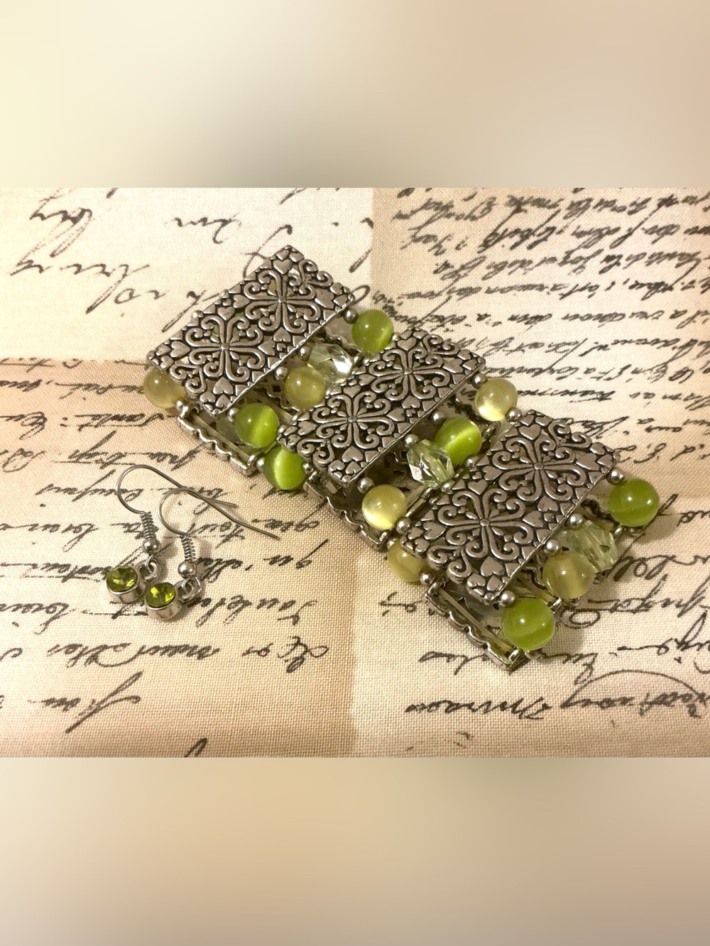 Silver-Tone Bracelet with Green Beads - Bundle Women's Jewelry